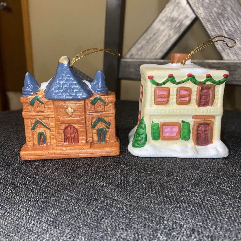 2 Christmas Victorian House & Church Painted Ceramic Bell Ornaments Lot Vintage